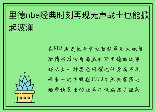 里德nba经典时刻再现无声战士也能掀起波澜